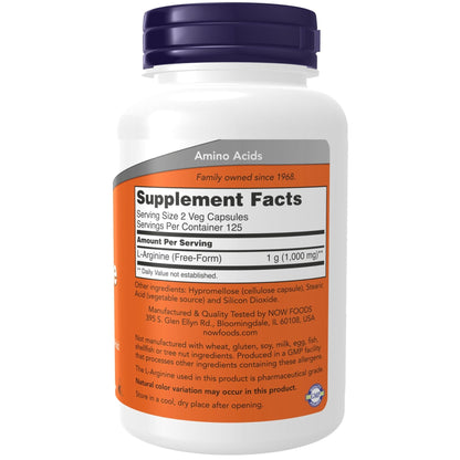 NOW Foods Supplements, L-Arginine 500 mg, Nitric Oxide Precursor*, Amino Acid, 250 Veg Capsules - PrimeBioHealth - canada supplements