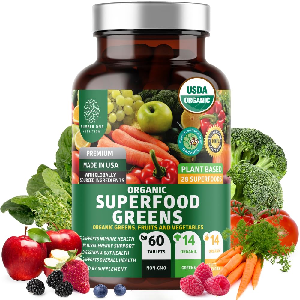 Number One Nutrition USDA Organic and Easy-to-Take Super Greens, Better Than Powder Fruits & Veggies Supplement with 28 Superfood - PrimeBioHealth - canada supplements
