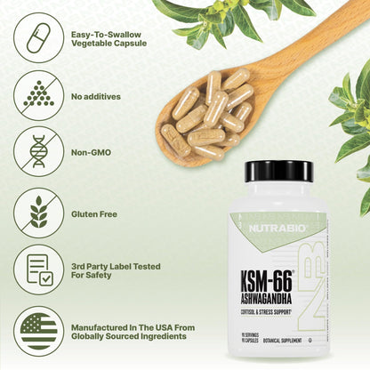 NutraBio Ashwagandha KSM-66 | Ashwagandha Herbal Supplement for Stress, Mood, & Performance | 600 MG of Clinically Studied KSM66 60 Capsules - PrimeBioHealth - canada supplements