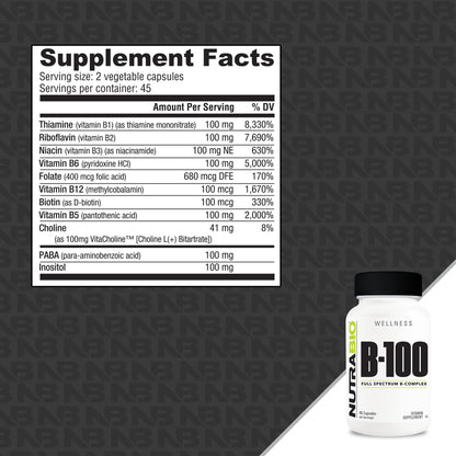 NutraBio B-100, B Vitamin Complex, Immune System Support, Healthy Hair, Skin, Nails, 90 Vegetable Capsules - PrimeBioHealth - canada supplements