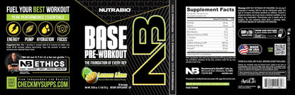NutraBio Base Pre-Workout Powder 200mg Caffeine, Sustained Energy, Focus, Endurance, Pump, Sugar Free, Clean Preworkout for Men and Women - Beta Alanine, L-Tyrosine, 30 Servings - Lemon Lime - PrimeBioHealth - canada supplements