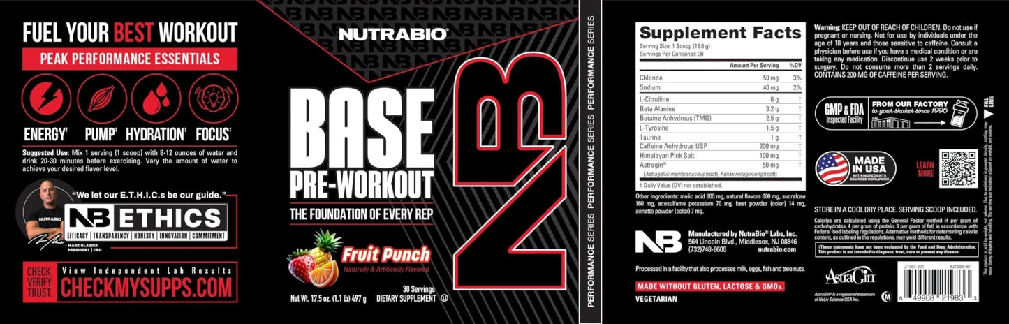 NutraBio Base Pre-Workout Powder 200mg Caffeine, Sustained Energy, Focus, Endurance, Pump, Sugar Free, Clean Preworkout for Men and Women - Beta Alanine, L-Tyrosine, 30 Servings - Lemon Lime - PrimeBioHealth - canada supplements