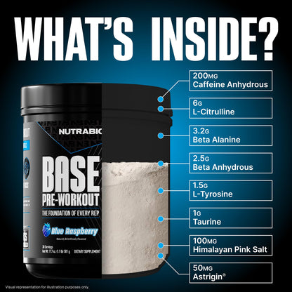 NutraBio Base Pre-Workout Powder 200mg Caffeine, Sustained Energy, Focus, Endurance, Pump, Sugar Free, Clean Preworkout for Men and Women - Beta Alanine, L-Tyrosine, 30 Servings - Lemon Lime - PrimeBioHealth - canada supplements