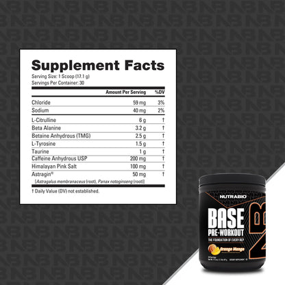 NutraBio Base Pre-Workout Powder 200mg Caffeine, Sustained Energy, Focus, Endurance, Pump, Sugar Free, Clean Preworkout for Men and Women - Beta Alanine, L-Tyrosine, 30 Servings - Lemon Lime - PrimeBioHealth - canada supplements