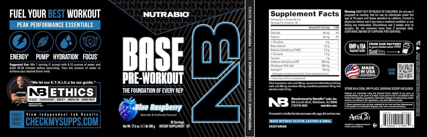 NutraBio Base Pre-Workout Powder 200mg Caffeine, Sustained Energy, Focus, Endurance, Pump, Sugar Free, Clean Preworkout for Men and Women - Beta Alanine, L-Tyrosine, 30 Servings - Lemon Lime - PrimeBioHealth - canada supplements