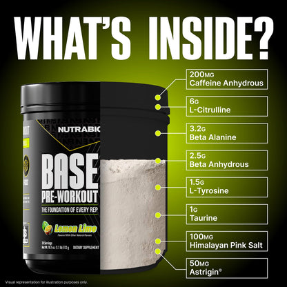 NutraBio Base Pre-Workout Powder 200mg Caffeine, Sustained Energy, Focus, Endurance, Pump, Sugar Free, Clean Preworkout for Men and Women - Beta Alanine, L-Tyrosine, 30 Servings - Lemon Lime - PrimeBioHealth - canada supplements