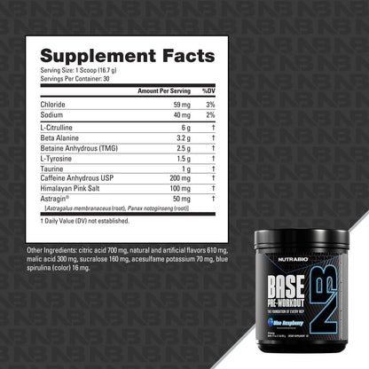 NutraBio Base Pre-Workout Powder 200mg Caffeine, Sustained Energy, Focus, Endurance, Pump, Sugar Free, Clean Preworkout for Men and Women - Beta Alanine, L-Tyrosine, 30 Servings - Lemon Lime - PrimeBioHealth - canada supplements