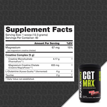 NutraBio CGT-MAX Powder- Creatine, Glutamine and Taurine to Support Muscle Recovery and Strength - 40 Servings - Unflavored - PrimeBioHealth - canada supplements