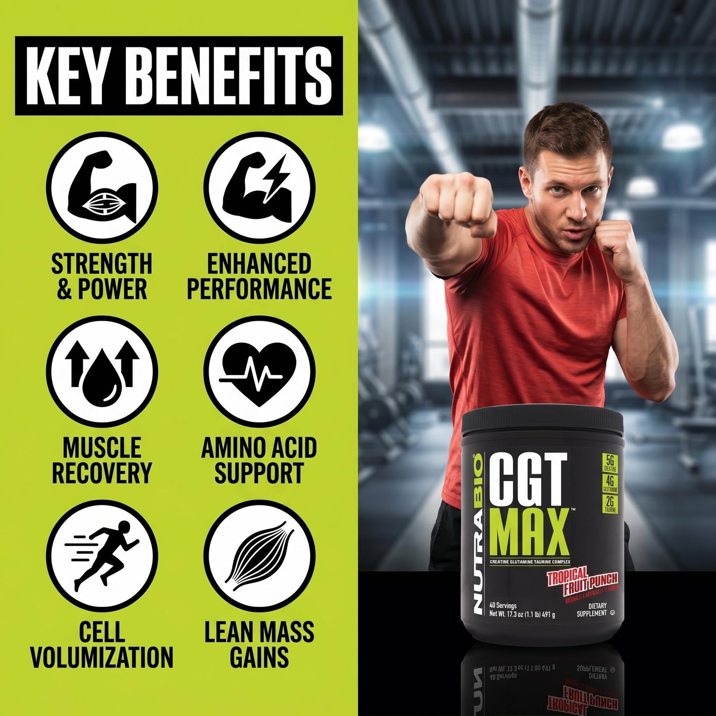 NutraBio CGT-MAX Powder- Creatine, Glutamine and Taurine to Support Muscle Recovery and Strength - 40 Servings - Unflavored - PrimeBioHealth - canada supplements