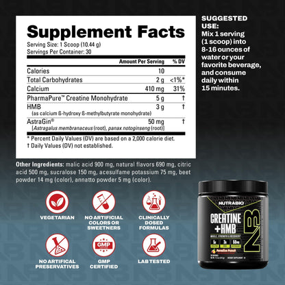 NutraBio Creatine + HMB- Creatine Monohydrate with HMB Powder for Muscle Growth, Increased Strength- 30 Servings (Unflavored) - PrimeBioHealth - canada supplements