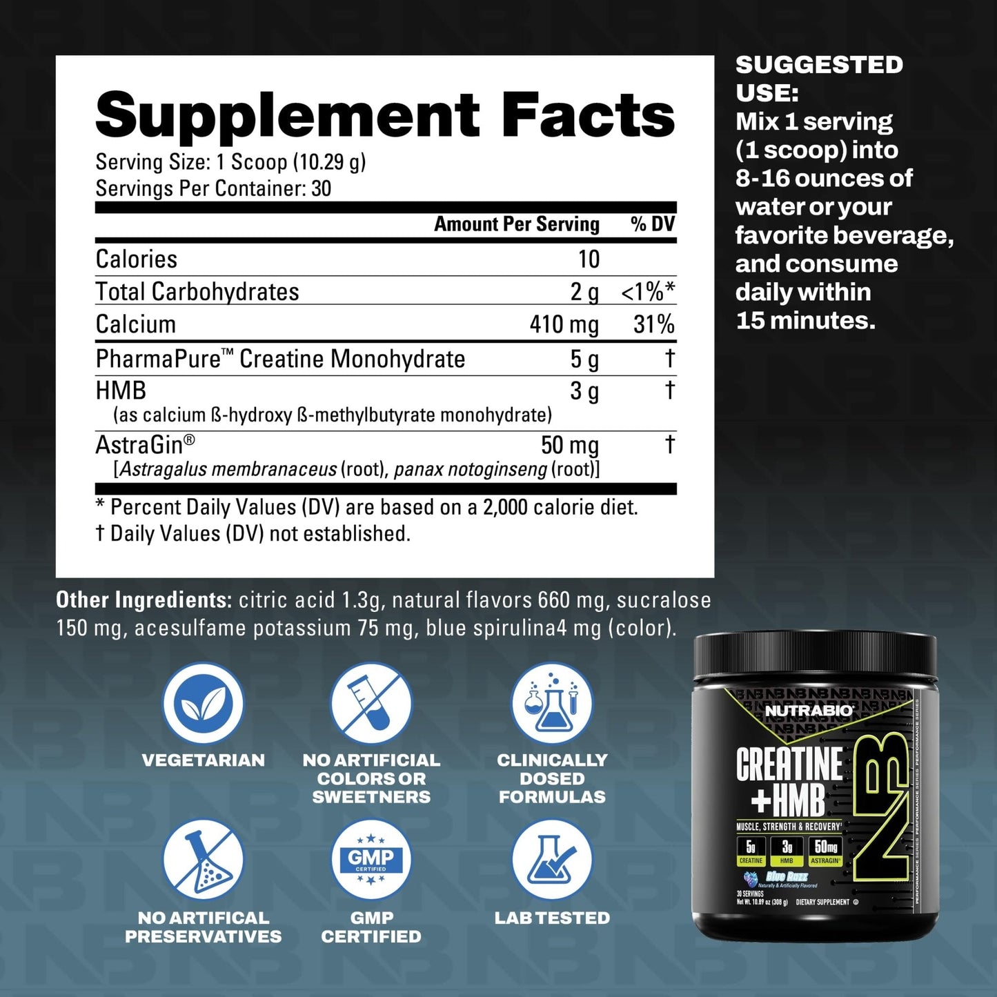 NutraBio Creatine + HMB- Creatine Monohydrate with HMB Powder for Muscle Growth, Increased Strength- 30 Servings (Unflavored) - PrimeBioHealth - canada supplements