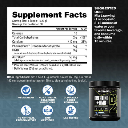 NutraBio Creatine + HMB- Creatine Monohydrate with HMB Powder for Muscle Growth, Increased Strength- 30 Servings (Unflavored) - PrimeBioHealth - canada supplements