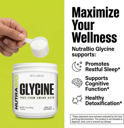 NutraBio Glycine Powder - Glycine Supplement- Free Form Amino Acid Supplement - 1000mg Serving - 150g, 150 Servings - PrimeBioHealth - canada supplements