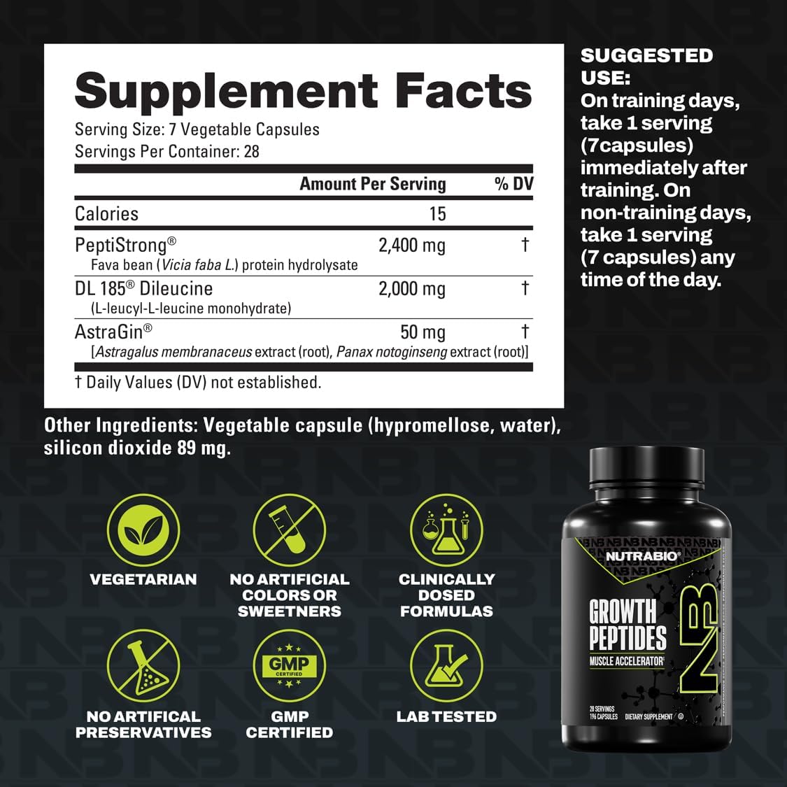 NutraBio Growth Peptides |Muscle Accelerator with DiLeucine & PeptiStrong | Peptides for Muscle Growth Men & Women- 28 Servings- 196 Capsules - PrimeBioHealth - canada supplements