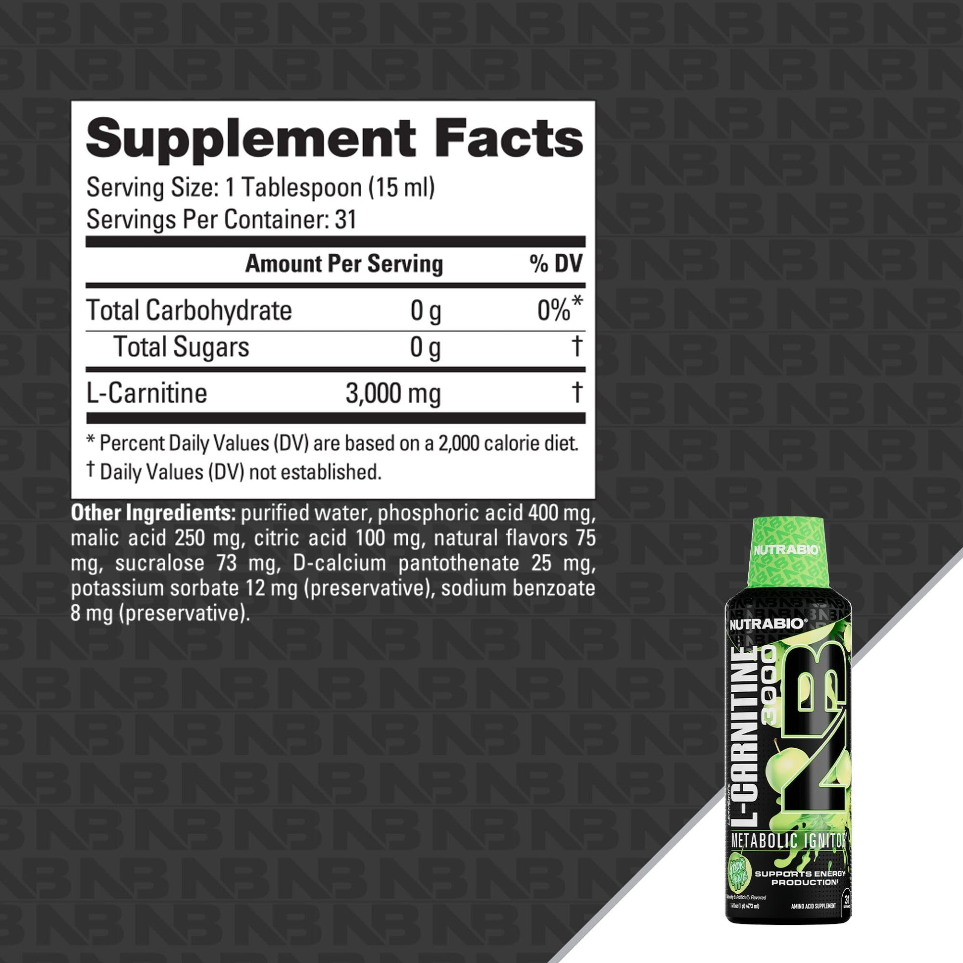 NutraBio – L-Carnitine Liquid Shots – 3000mg, (Green Apple) – 10mg of Vitamin B-5 – Zero Carbs & Sugars – Energy Production – Muscle Recovery - PrimeBioHealth - canada supplements