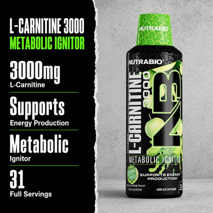 NutraBio – L-Carnitine Liquid Shots – 3000mg, (Green Apple) – 10mg of Vitamin B-5 – Zero Carbs & Sugars – Energy Production – Muscle Recovery - PrimeBioHealth - canada supplements