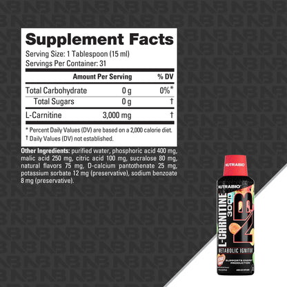 NutraBio – L-Carnitine Liquid Shots – 3000mg, (Green Apple) – 10mg of Vitamin B-5 – Zero Carbs & Sugars – Energy Production – Muscle Recovery - PrimeBioHealth - canada supplements