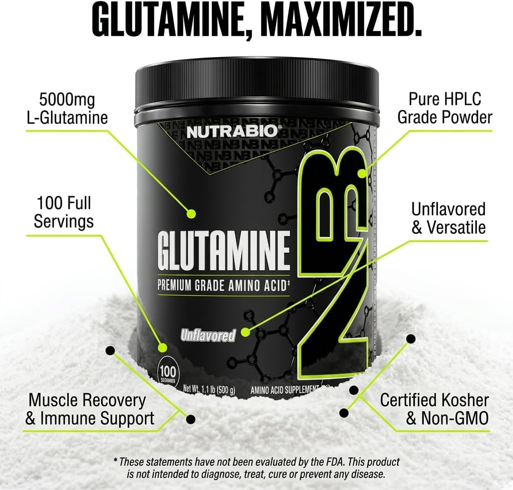 NutraBio Pure L-Glutamine Powder, 100 Servings L-Glutamine Supplement, Amino Acid, Pure Grade, Glutamina, Absolutely no Additives, Fillers or Excipients, Muscle Recovery Supplement - (500 Grams) - PrimeBioHealth - canada supplements