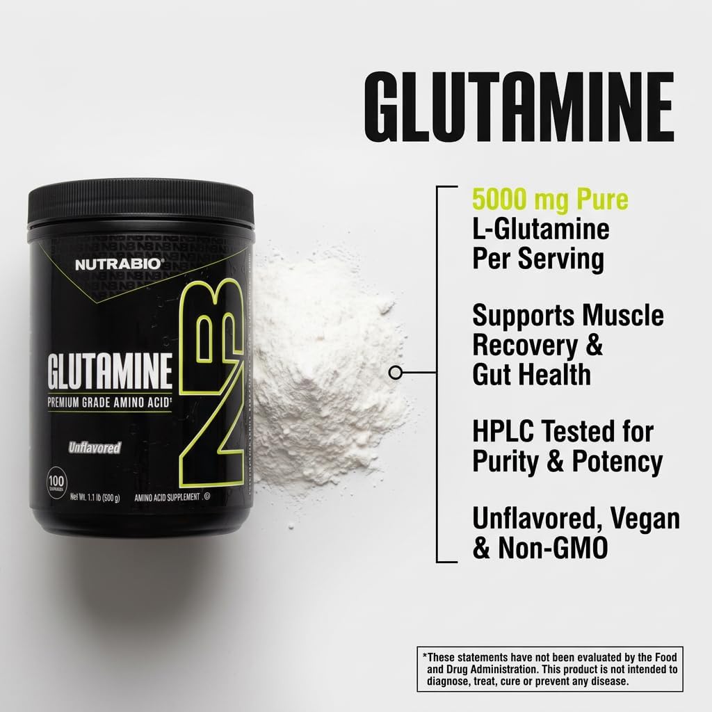 NutraBio Pure L-Glutamine Powder, 100 Servings L-Glutamine Supplement, Amino Acid, Pure Grade, Glutamina, Absolutely no Additives, Fillers or Excipients, Muscle Recovery Supplement - (500 Grams) - PrimeBioHealth - canada supplements