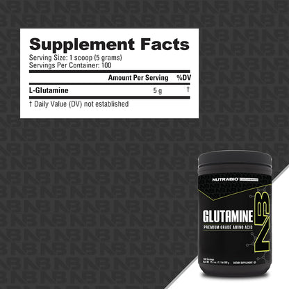NutraBio Pure L-Glutamine Powder, 100 Servings L-Glutamine Supplement, Amino Acid, Pure Grade, Glutamina, Absolutely no Additives, Fillers or Excipients, Muscle Recovery Supplement - (500 Grams) - PrimeBioHealth - canada supplements