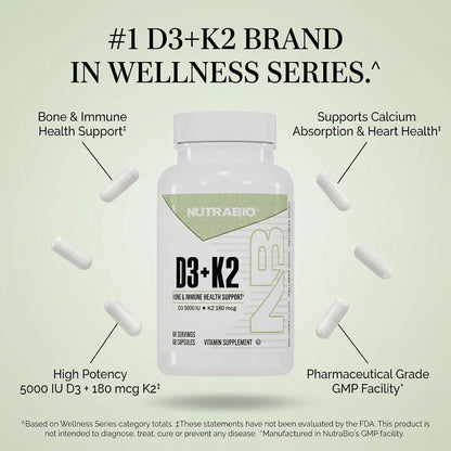 NutraBio Vitamin D3 K2 | 5000 IU D3 as Cholecalciferol with Vitamin K2 as MENA-Q MK7 (180mcg) | Support Bone and Heart Health | Non-GMO, Gluten Free, Lactose Free | 60 Vegetable Capsules - PrimeBioHealth - canada supplements