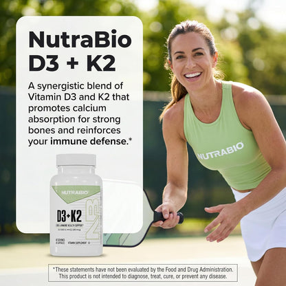 NutraBio Vitamin D3 K2 | 5000 IU D3 as Cholecalciferol with Vitamin K2 as MENA-Q MK7 (180mcg) | Support Bone and Heart Health | Non-GMO, Gluten Free, Lactose Free | 60 Vegetable Capsules - PrimeBioHealth - canada supplements