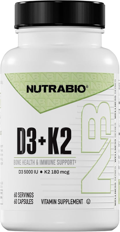 NutraBio Vitamin D3 K2 | 5000 IU D3 as Cholecalciferol with Vitamin K2 as MENA-Q MK7 (180mcg) | Support Bone and Heart Health | Non-GMO, Gluten Free, Lactose Free | 60 Vegetable Capsules - PrimeBioHealth - canada supplements