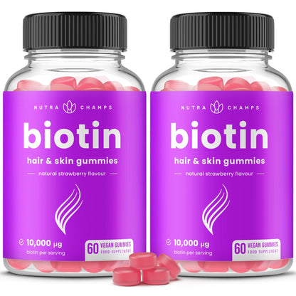 NutraChamps (2 Pack) Biotin Gummies 10,000mcg [High Potency] for Healthy Hair, Skin & Nails for Adults & Kids - 5000mcg in Each Gummy Vitamin - Vegan, Non-GMO - PrimeBioHealth - canada supplements
