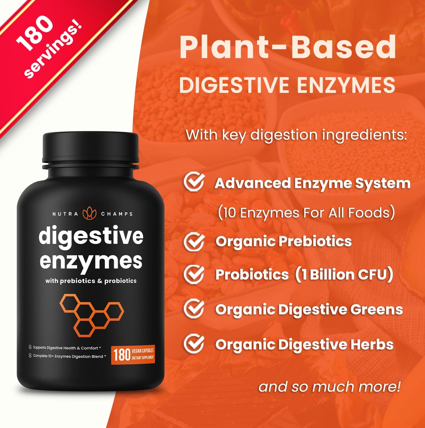 NutraChamps Digestive Enzymes with Probiotics and Prebiotics for Women & Men - 180 Vegan Capsules with Bromelain for Bloating & Optimal Gut Health - PrimeBioHealth - canada supplements