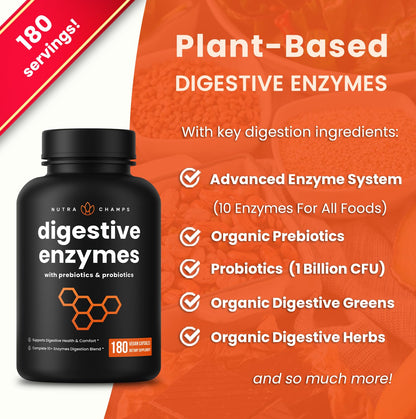 NutraChamps Digestive Enzymes with Probiotics and Prebiotics for Women & Men - 180 Vegan Capsules with Bromelain for Bloating & Optimal Gut Health - PrimeBioHealth - canada supplements