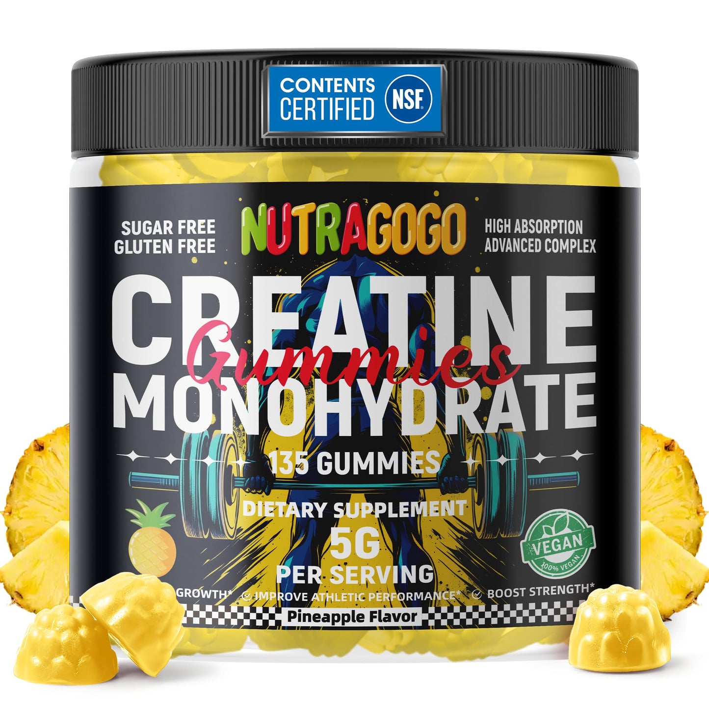 NUTRAGOGO NSF Certified Creatine Gummy - Creatine Monohydrate Gummies for Men & Women-5g of Creatine Monohydrate per Serving - Sugar Free,Vegan, Pineapple Electrolyte Chews, 135 Count - PrimeBioHealth - canada supplements
