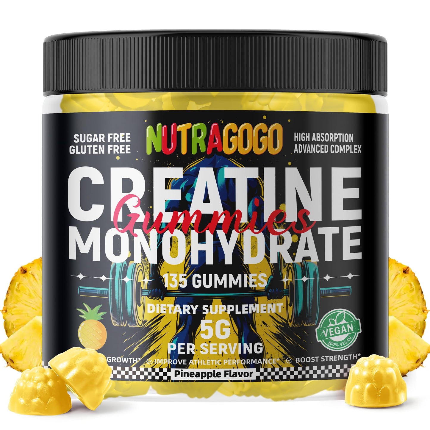NUTRAGOGO NSF Certified Creatine Gummy - Creatine Monohydrate Gummies for Men & Women-5g of Creatine Monohydrate per Serving - Sugar Free,Vegan, Pineapple Electrolyte Chews, 135 Count - PrimeBioHealth - canada supplements