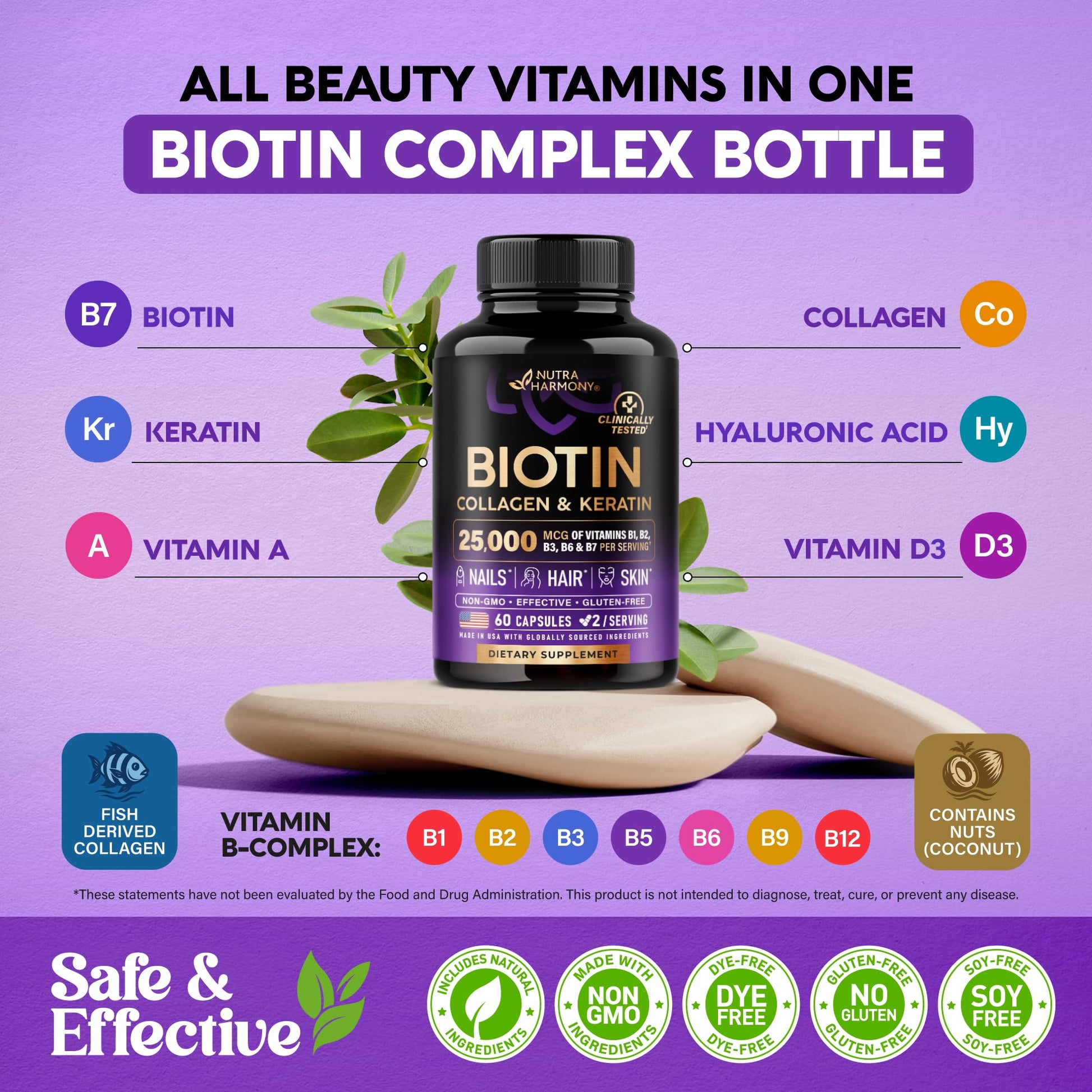 NUTRAHARMONY Biotin | Collagen | Hyaluronic Acid | Keratin - Support Normal Hair Growth Cycle - Skin & Nails - 25000mcg Vitamins B1, B2, B3, B6 & B7 - PrimeBioHealth - canada supplements