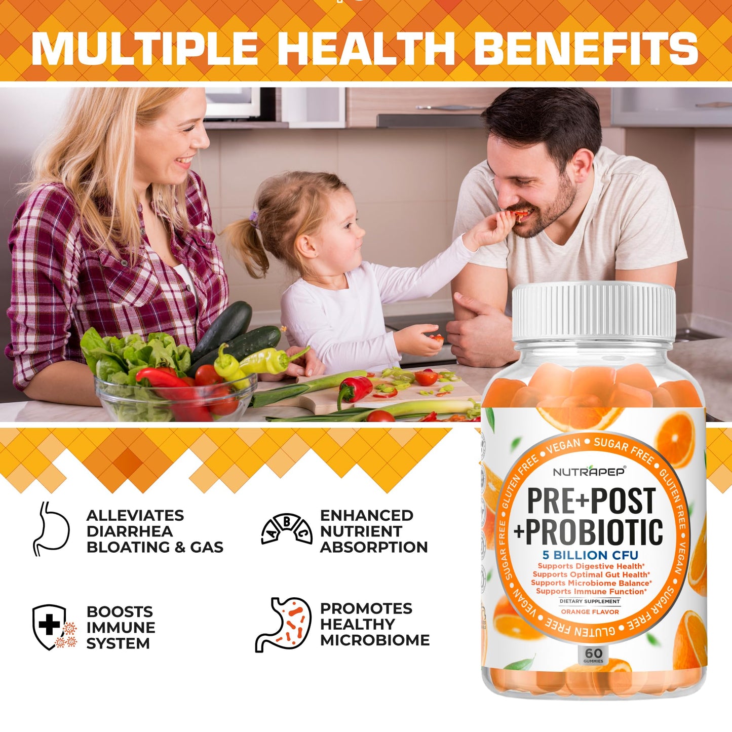 NutraPep Prebiotic Probiotic & Postbiotic Gummies for Women Men & Kids Children - High Potency 5 Billion CFU - Sugar-Free & Gluten 60 Count (Pack of 2) - PrimeBioHealth - canada supplements
