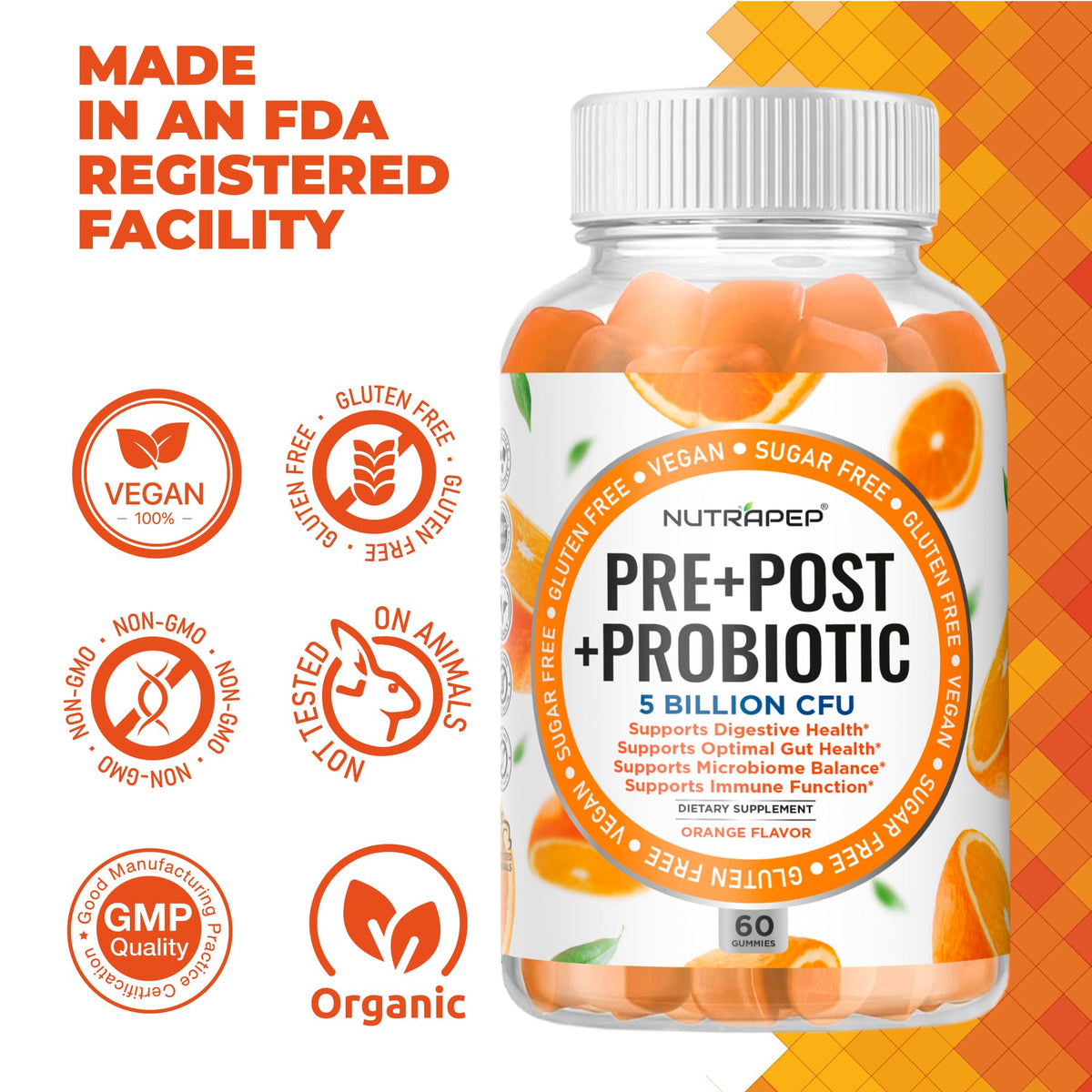 NutraPep Prebiotic Probiotic & Postbiotic Gummies for Women Men & Kids Children - High Potency 5 Billion CFU - Sugar-Free & Gluten 60 Count (Pack of 2) - PrimeBioHealth - canada supplements