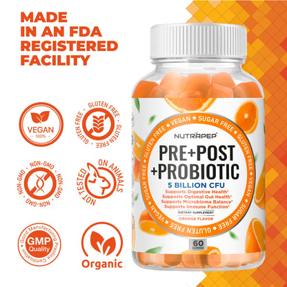 NutraPep Prebiotic Probiotic & Postbiotic Gummies for Women Men & Kids Children - High Potency 5 Billion CFU - Sugar-Free & Gluten 60 Count (Pack of 2) - PrimeBioHealth - canada supplements
