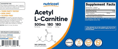 Nutricost Acetyl L-Carnitine (ALCAR) 500mg, 180 Capsules | GMO-Free and Gluten Free, 180 Servings - PrimeBioHealth - canada supplements