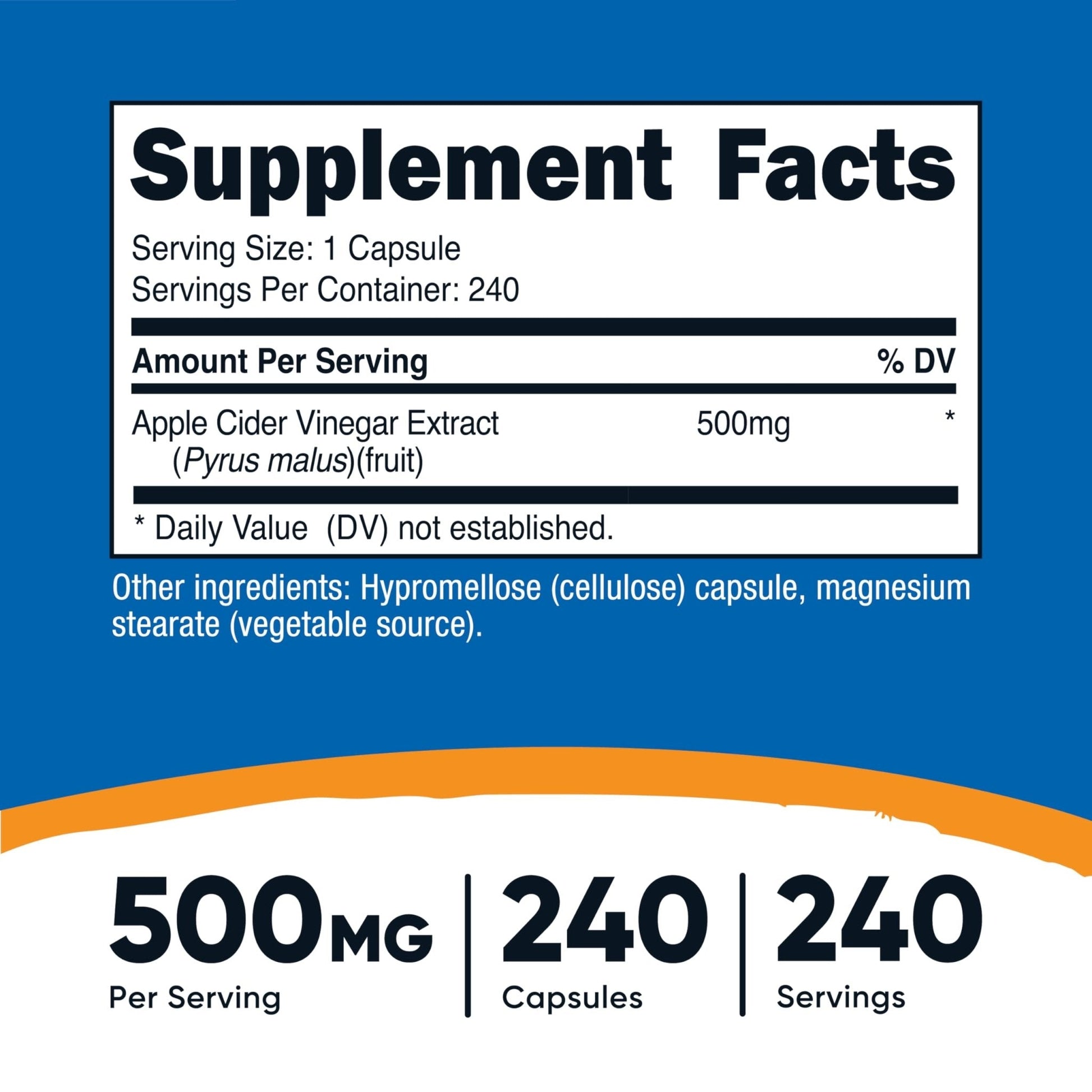Nutricost Apple Cider Vinegar Capsules 500mg, 240 Vegetarian Capsules - Natural, Vegetarian, GMP, Non-GMO and Gluten Free - PrimeBioHealth - canada supplements