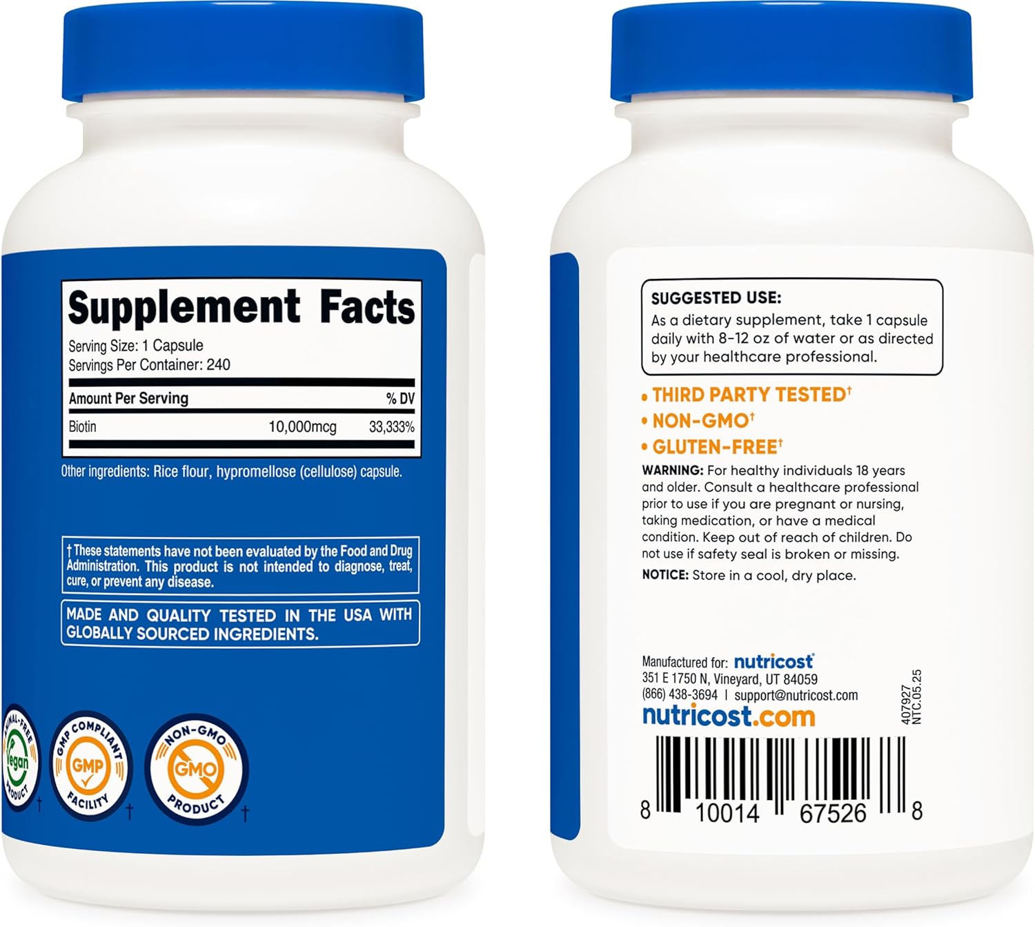 Nutricost Biotin (Vitamin B7) 10,000mcg (10mg) Vitamin Supplement, 240 Capsules - Vegetarian, Gluten Free, Quick Release, Non-GMO - PrimeBioHealth - canada supplements