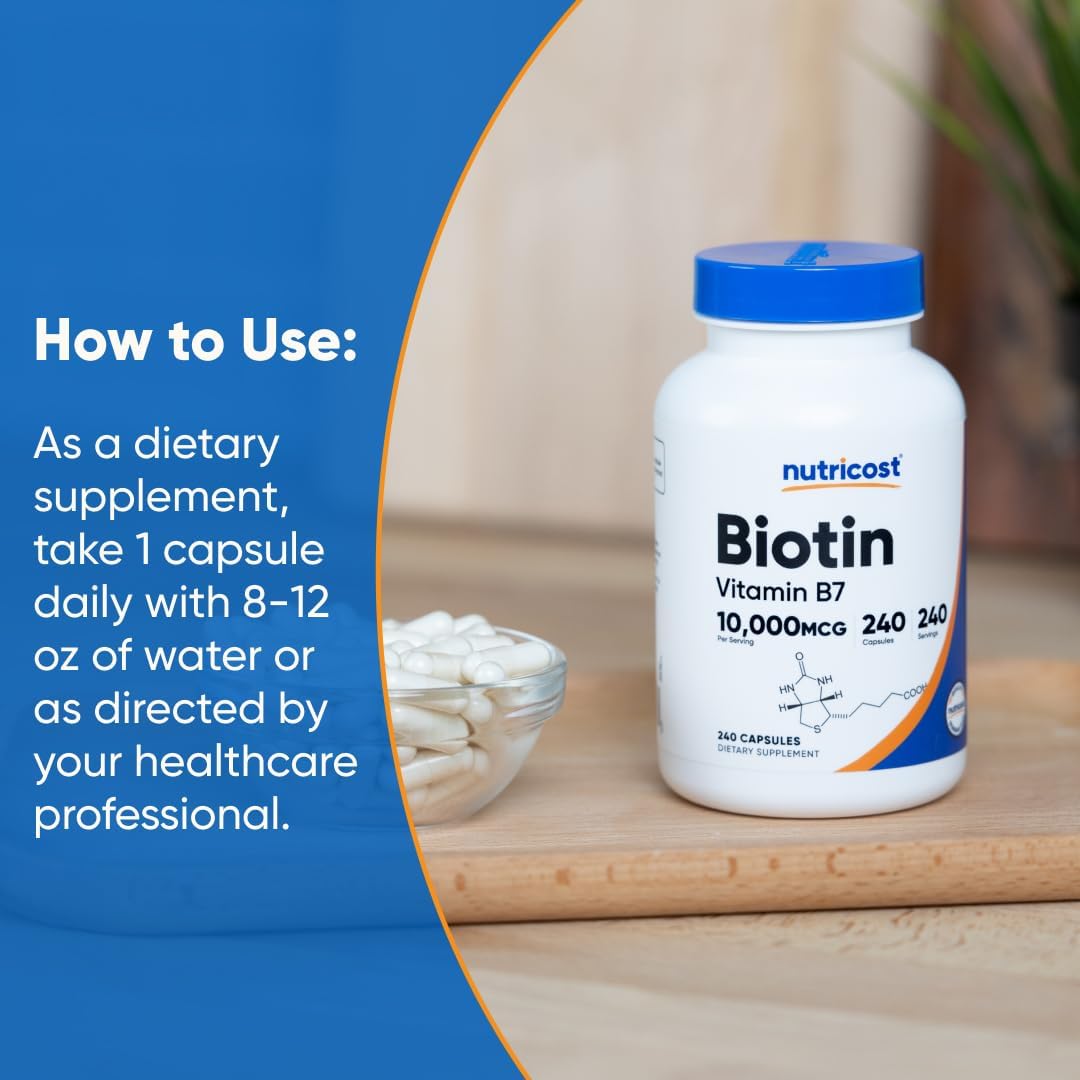 Nutricost Biotin (Vitamin B7) 10,000mcg (10mg) Vitamin Supplement, 240 Capsules - Vegetarian, Gluten Free, Quick Release, Non-GMO - PrimeBioHealth - canada supplements