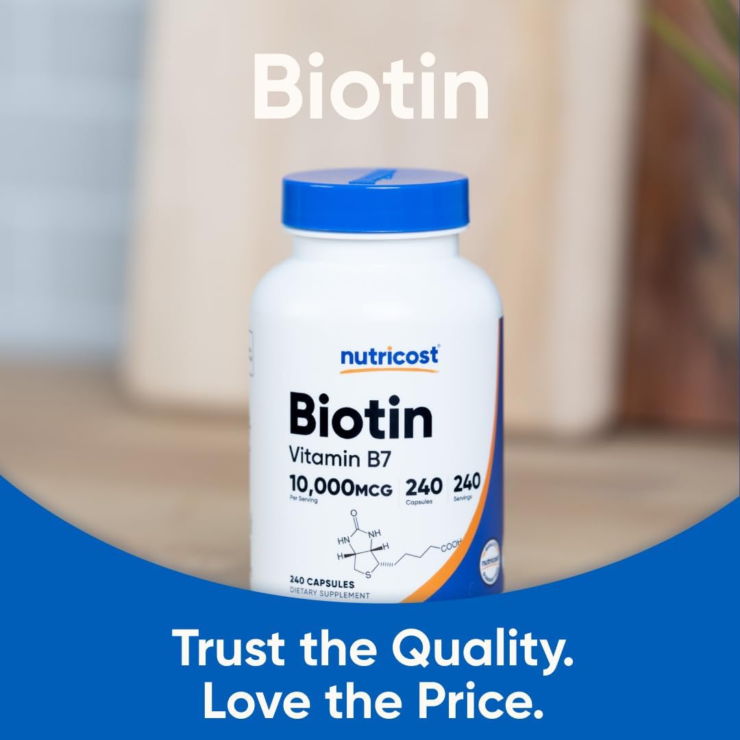Nutricost Biotin (Vitamin B7) 10,000mcg (10mg) Vitamin Supplement, 240 Capsules - Vegetarian, Gluten Free, Quick Release, Non-GMO - PrimeBioHealth - canada supplements