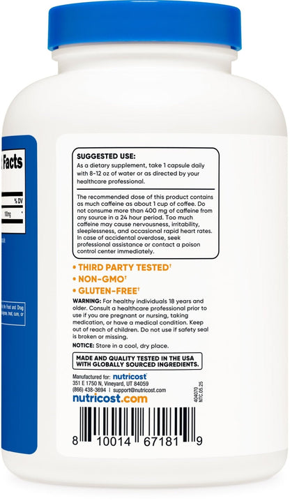 Nutricost Caffeine Pills 100mg Per Serving, 250 Capsules - PrimeBioHealth - canada supplements