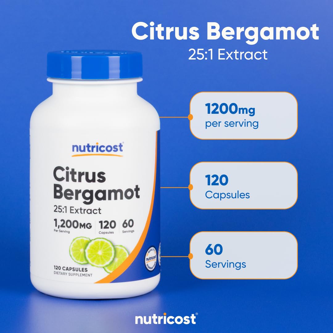 Nutricost Citrus Bergamot Capsules 1,200mg, 120 Capsules, 60 Servings | 25:1 Bergamot Extract, Gluten Free, Vegan, GMO-Free - PrimeBioHealth - canada supplements