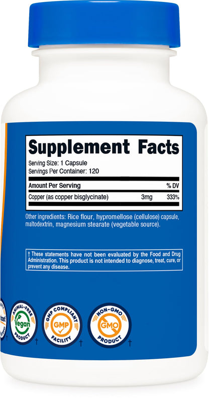 Nutricost Copper Glycinate Capsules (120 Capsules, 3MG Copper per Serving) - Non GMO, Vegan - PrimeBioHealth - canada supplements