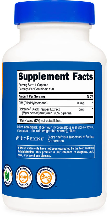 Nutricost DIM (Diindolylmethane) Plus BioPerine 300mg, 120 Vegetarian Capsules - Up to 4 Month Supply, Max Strength DIM Supplement - PrimeBioHealth - canada supplements