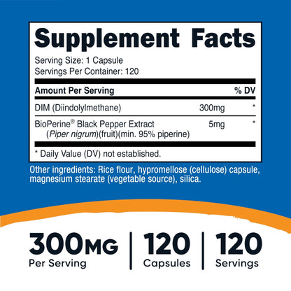 Nutricost DIM (Diindolylmethane) Plus BioPerine 300mg, 120 Vegetarian Capsules - Up to 4 Month Supply, Max Strength DIM Supplement - PrimeBioHealth - canada supplements