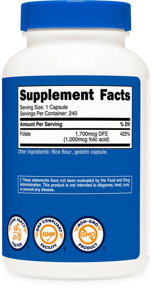 Nutricost Folic Acid (Vitamin B9) 1000 mcg, 240 Capsules - PrimeBioHealth - canada supplements