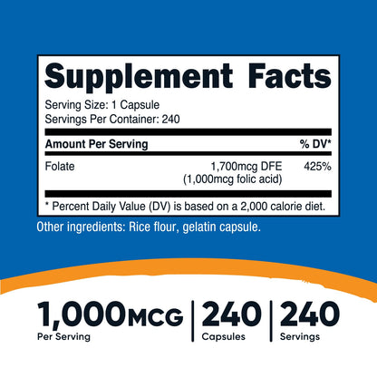 Nutricost Folic Acid (Vitamin B9) 1000 mcg, 240 Capsules - PrimeBioHealth - canada supplements