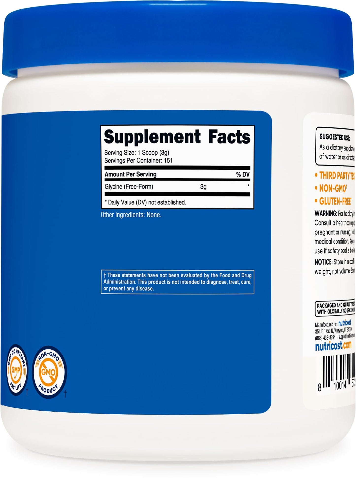 Nutricost Glycine Powder 1lb - Non-GMO, Gluten Free - PrimeBioHealth - canada supplements