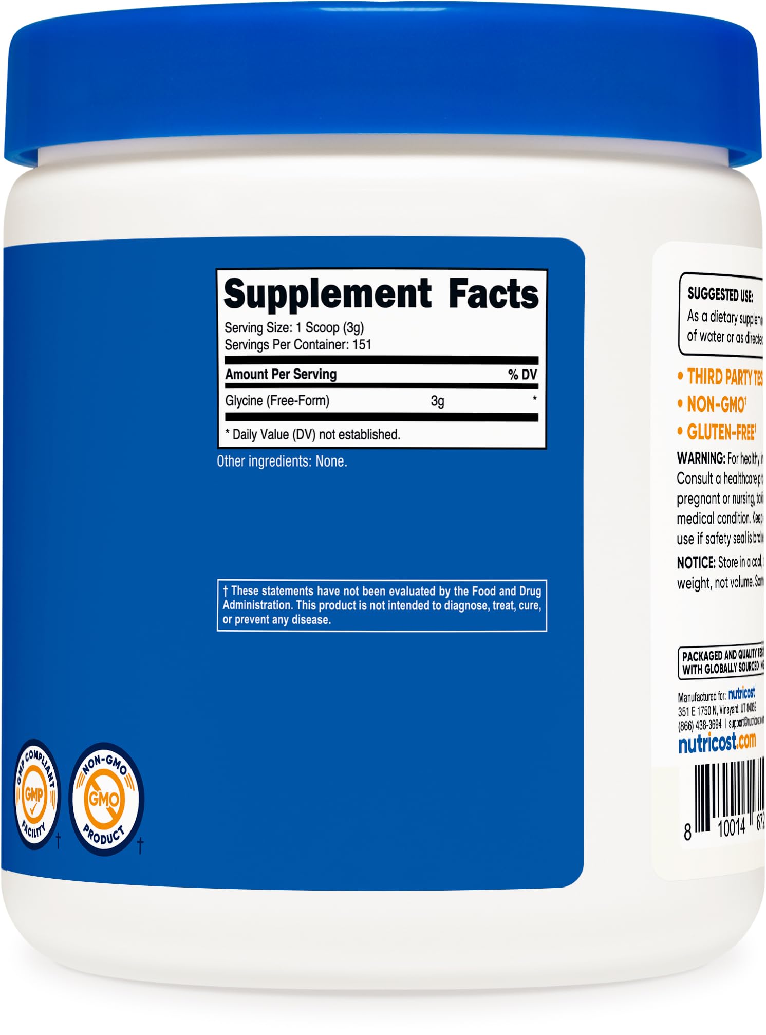 Nutricost Glycine Powder 1lb - Non-GMO, Gluten Free - PrimeBioHealth - canada supplements